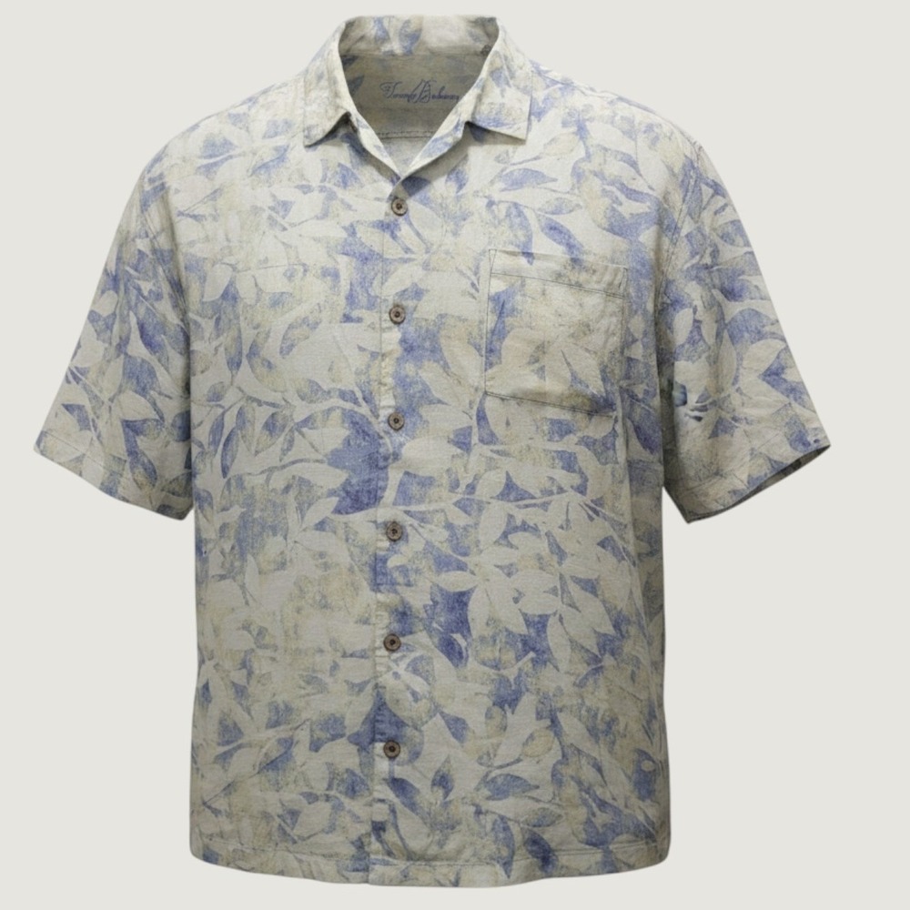 Tommy Bahama Mens XXL Blue Cream Leaf Print 100% Linen‎ Short Sleeve Camp Shirt